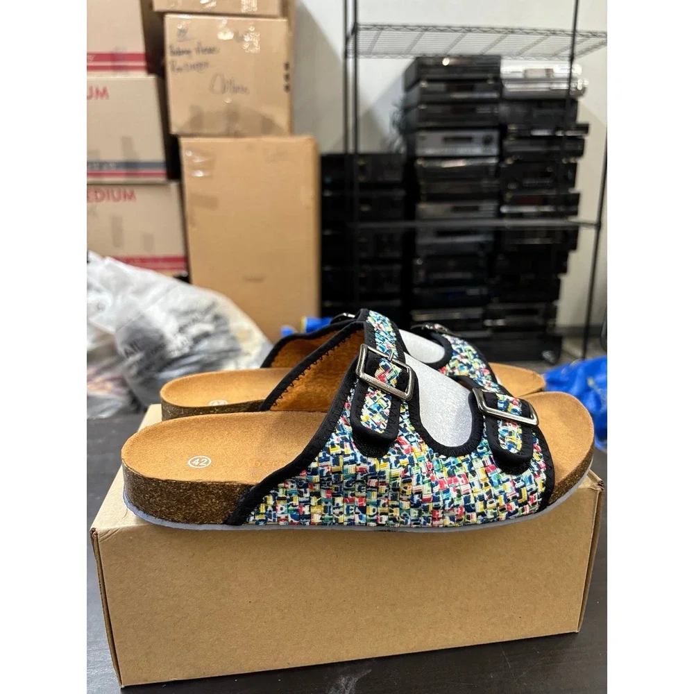 Bernie Mev Sunset Pixel Woven Buckle Slide Sandals Multi Color Womens 11 EU 42